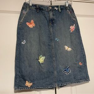 Vintage Gap Denim Mid Skirt Butterfly Embroidered Y2K
